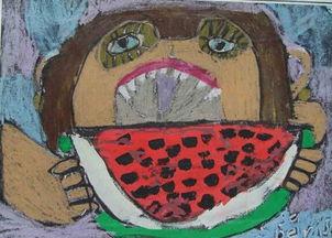 80年吃瓜国画图,一幅吃瓜画中的时代记忆与生活画卷